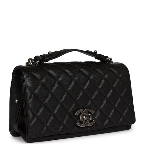 chanel city rock medium flap black goatskin ruthenium hardware|chanel flap bag black and silver.